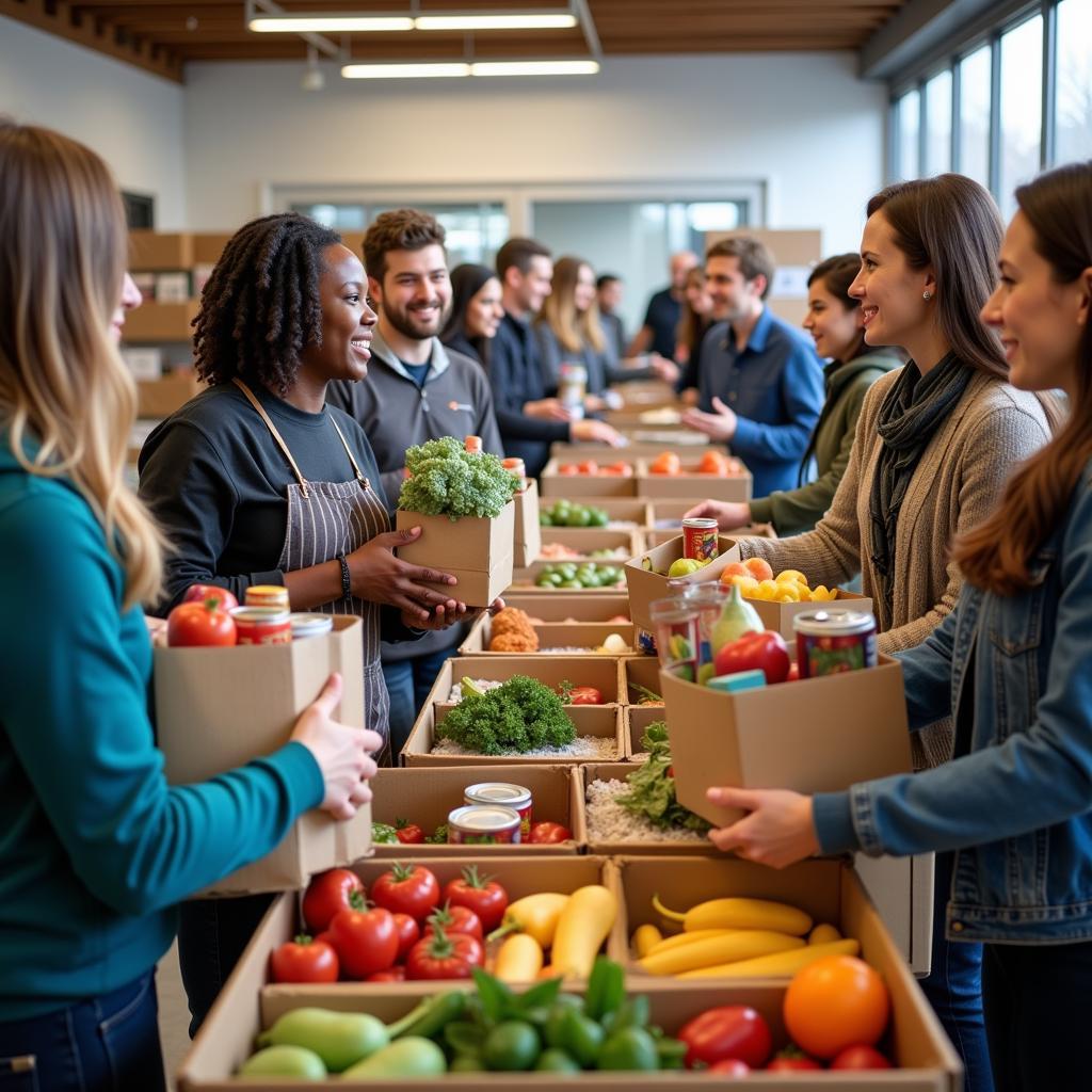 Volunteers distributing food at a Rochester food bank