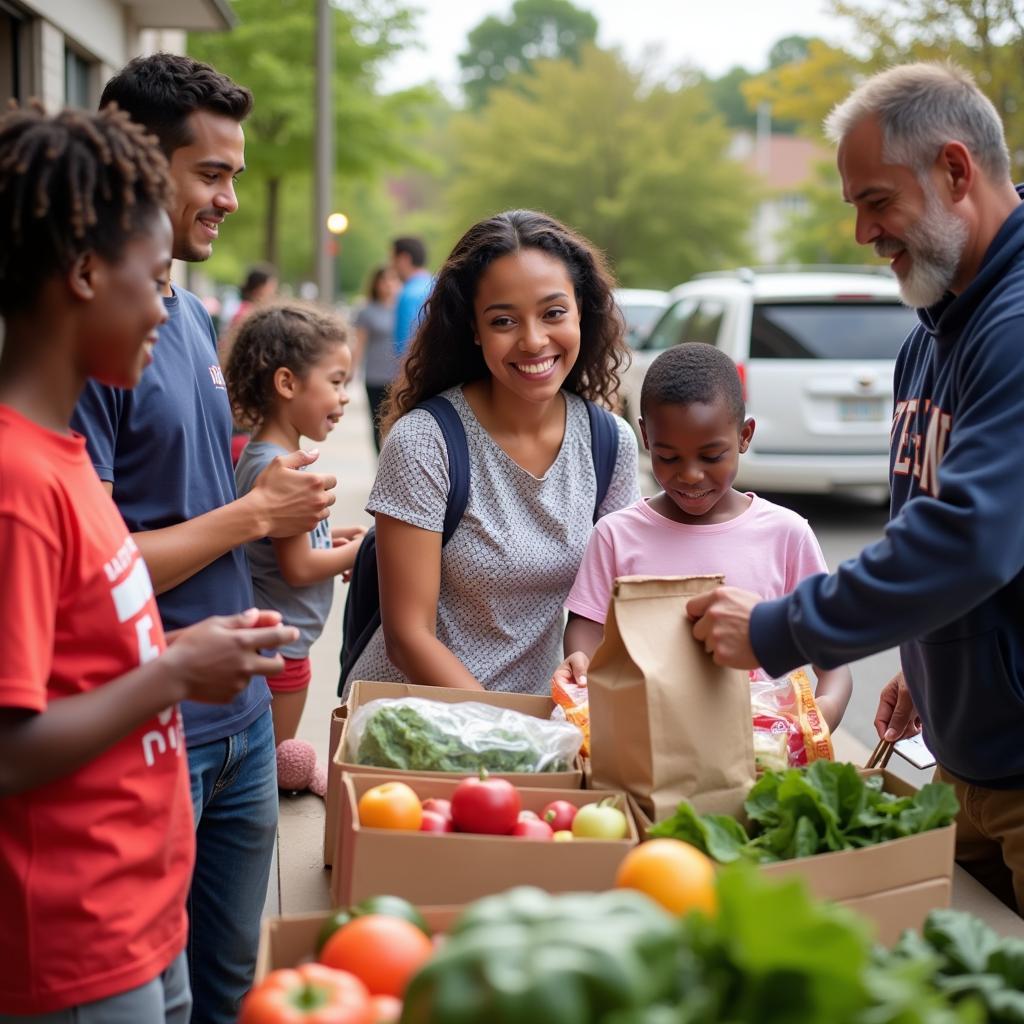 Families receiving food assistance at a rock church food distribution