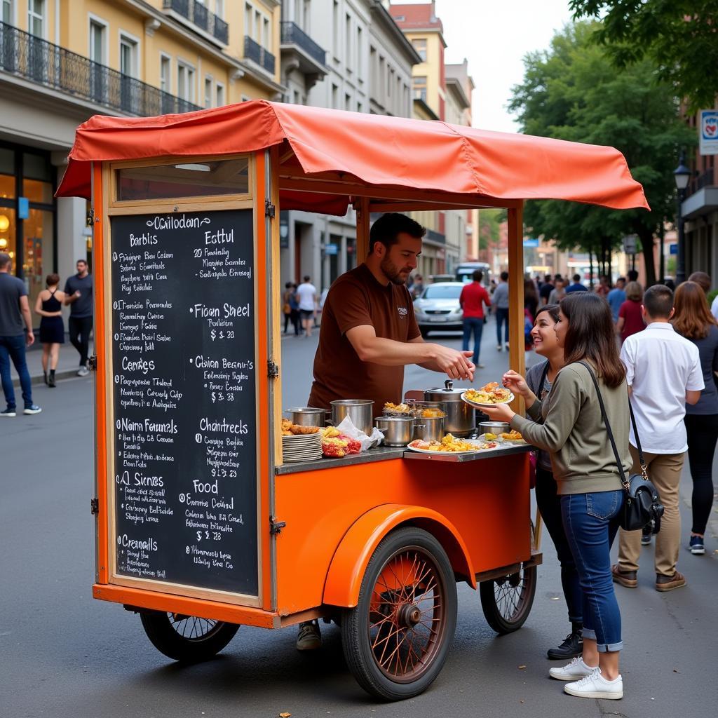 A vibrant rolling food cart serving street food.