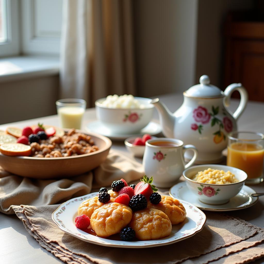 A spread of traditional Russian breakfast items including syrniki, kasha, and tea.