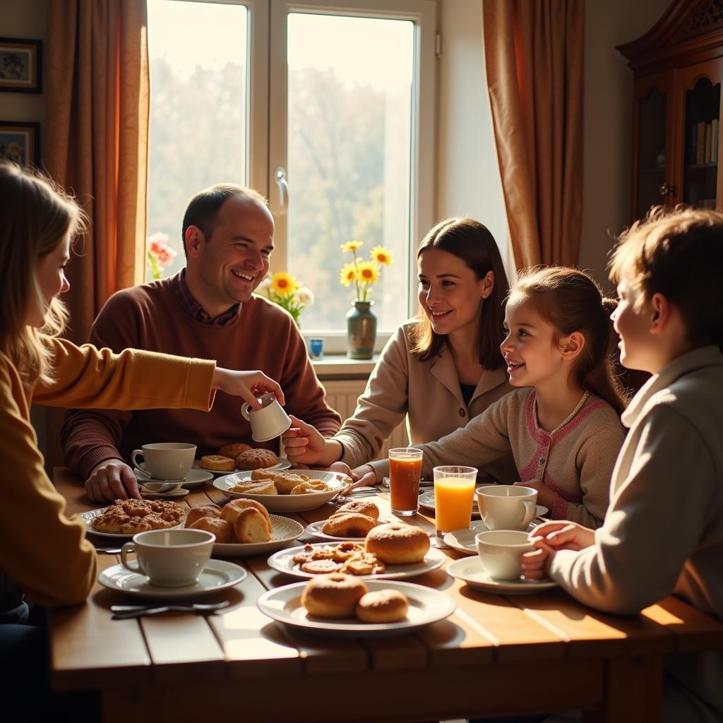 A family enjoying a traditional Russian breakfast together around a table.