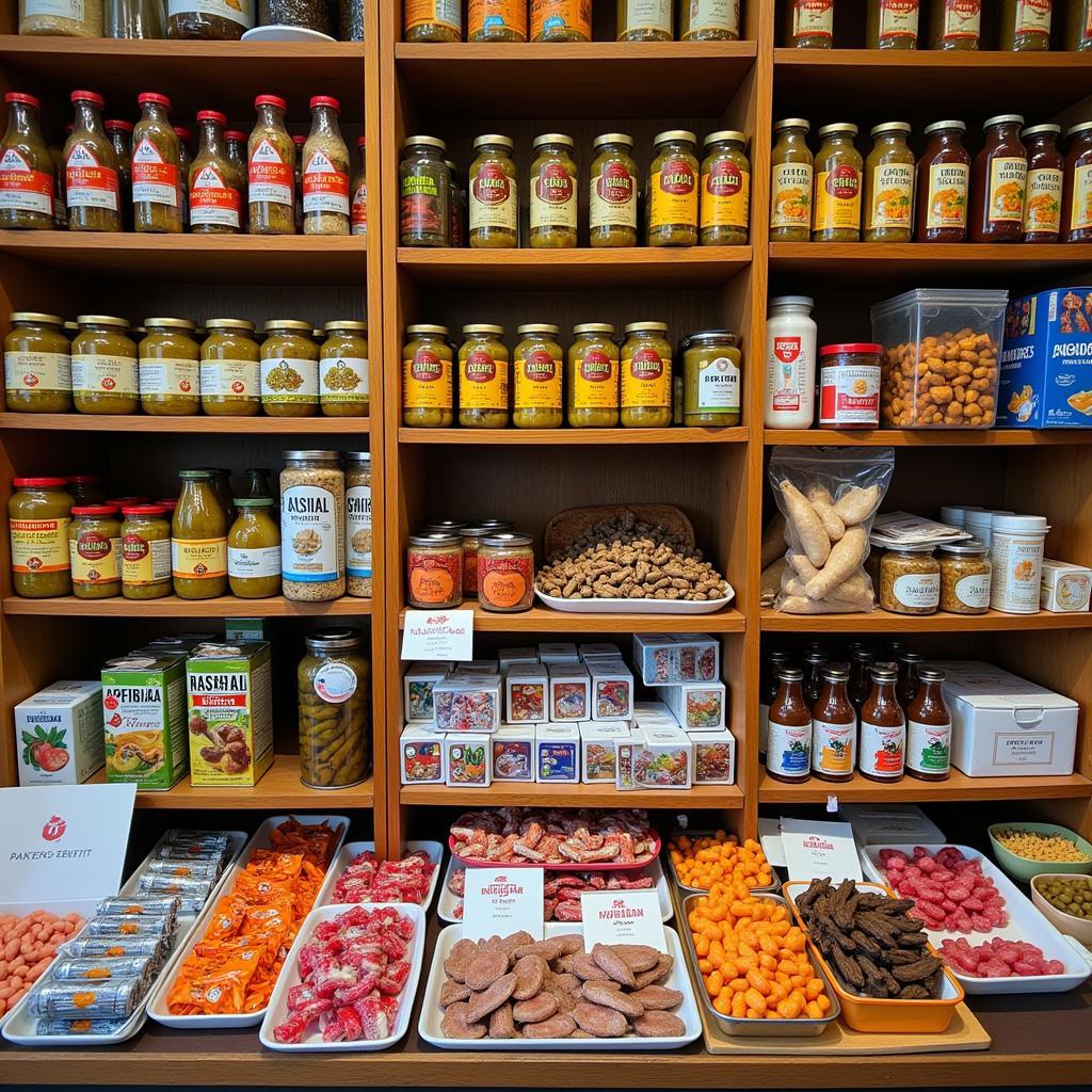 A vibrant display of traditional Russian foods in a well-stocked store