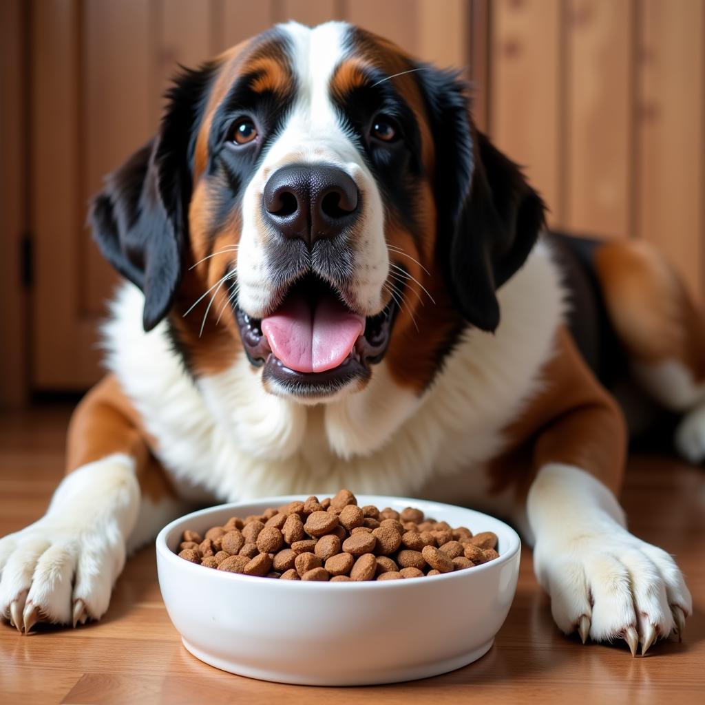 Saint Bernard enjoying a healthy meal