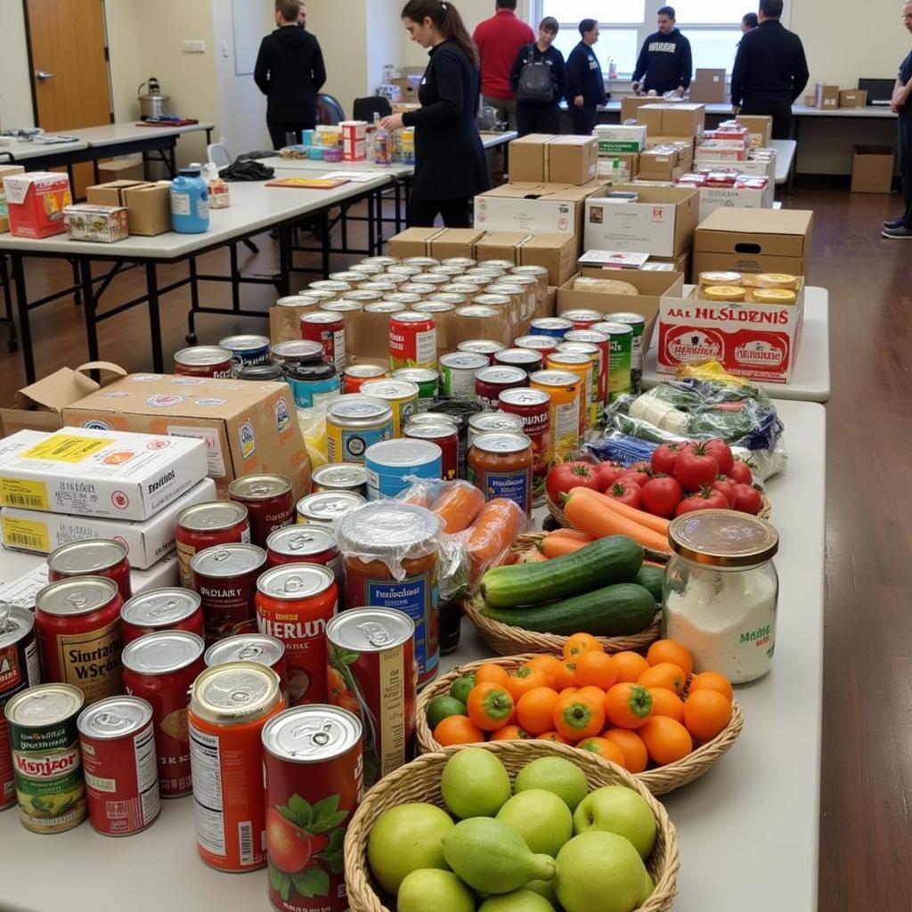 Various food donations being sorted at a Salvation Army food pantry.