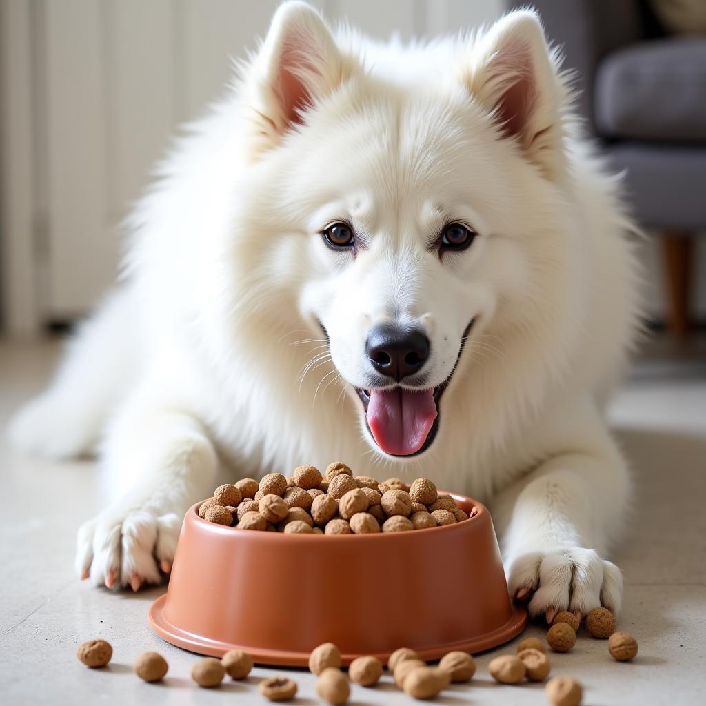 Samoyed enjoying a bowl of kibble