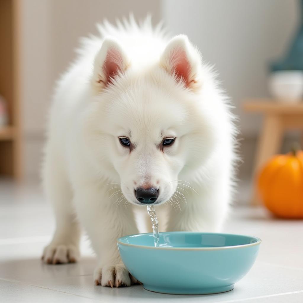 Samoyed puppy drinking fresh water