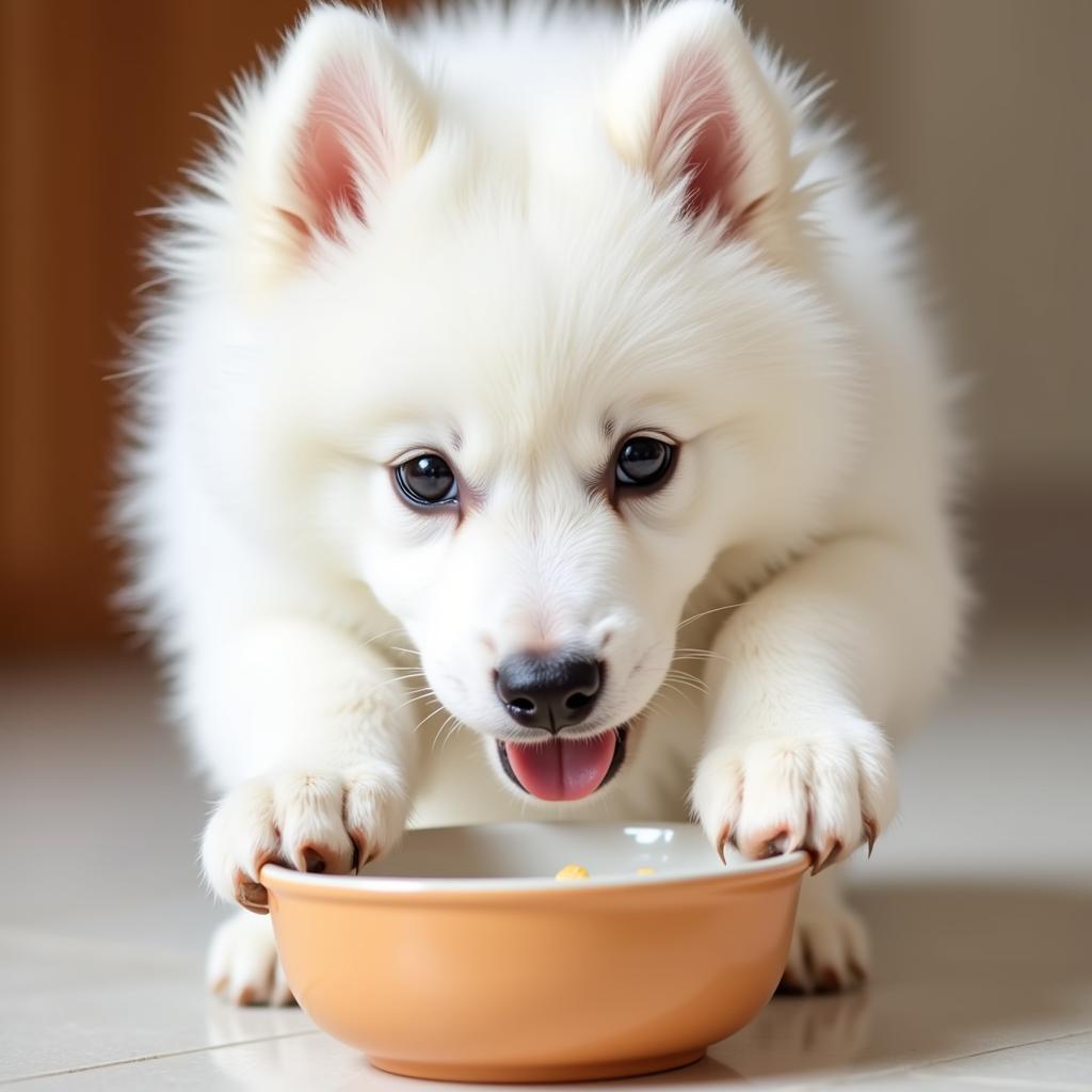 Samoyed puppy enjoying a meal