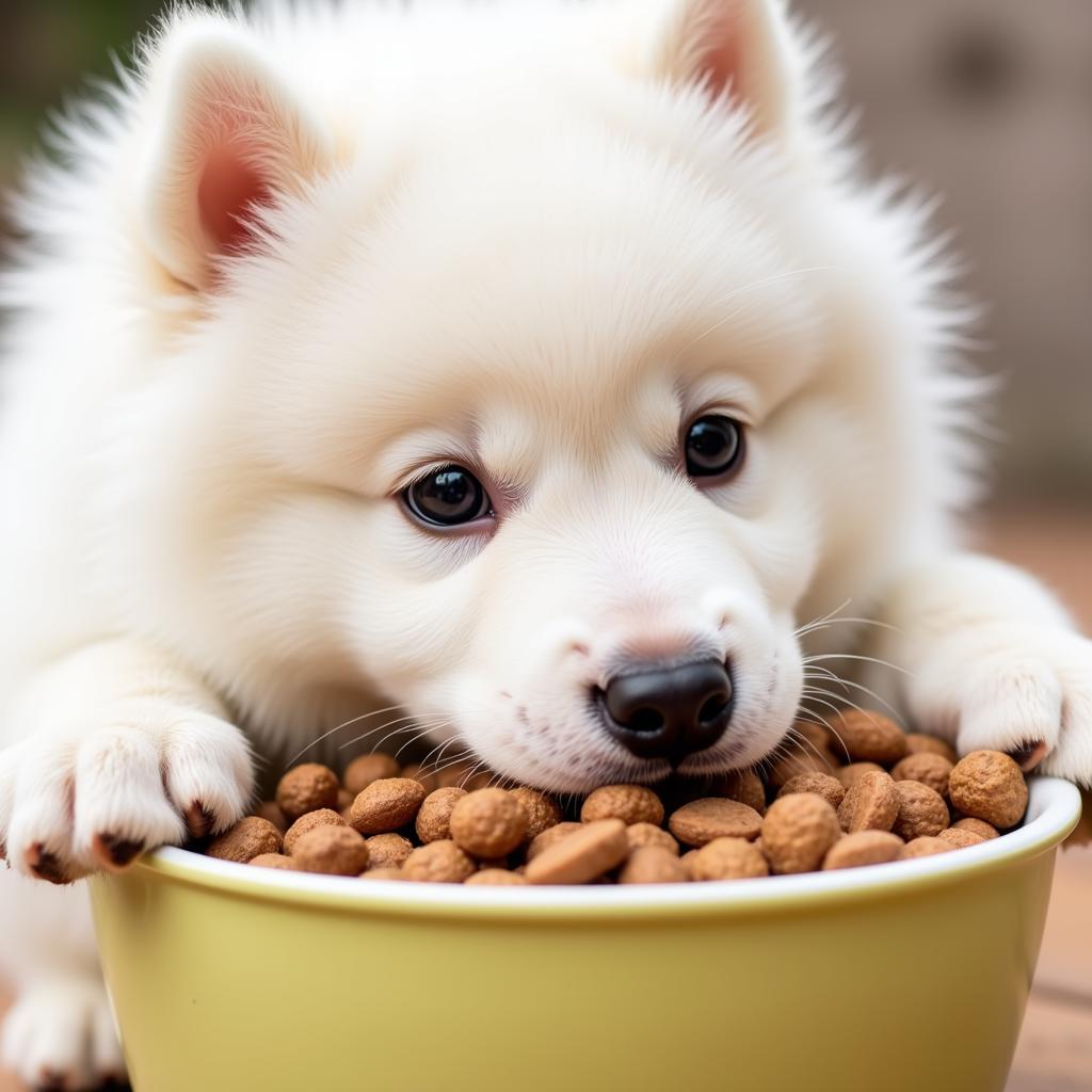 Samoyed puppy enjoying a bowl of kibble