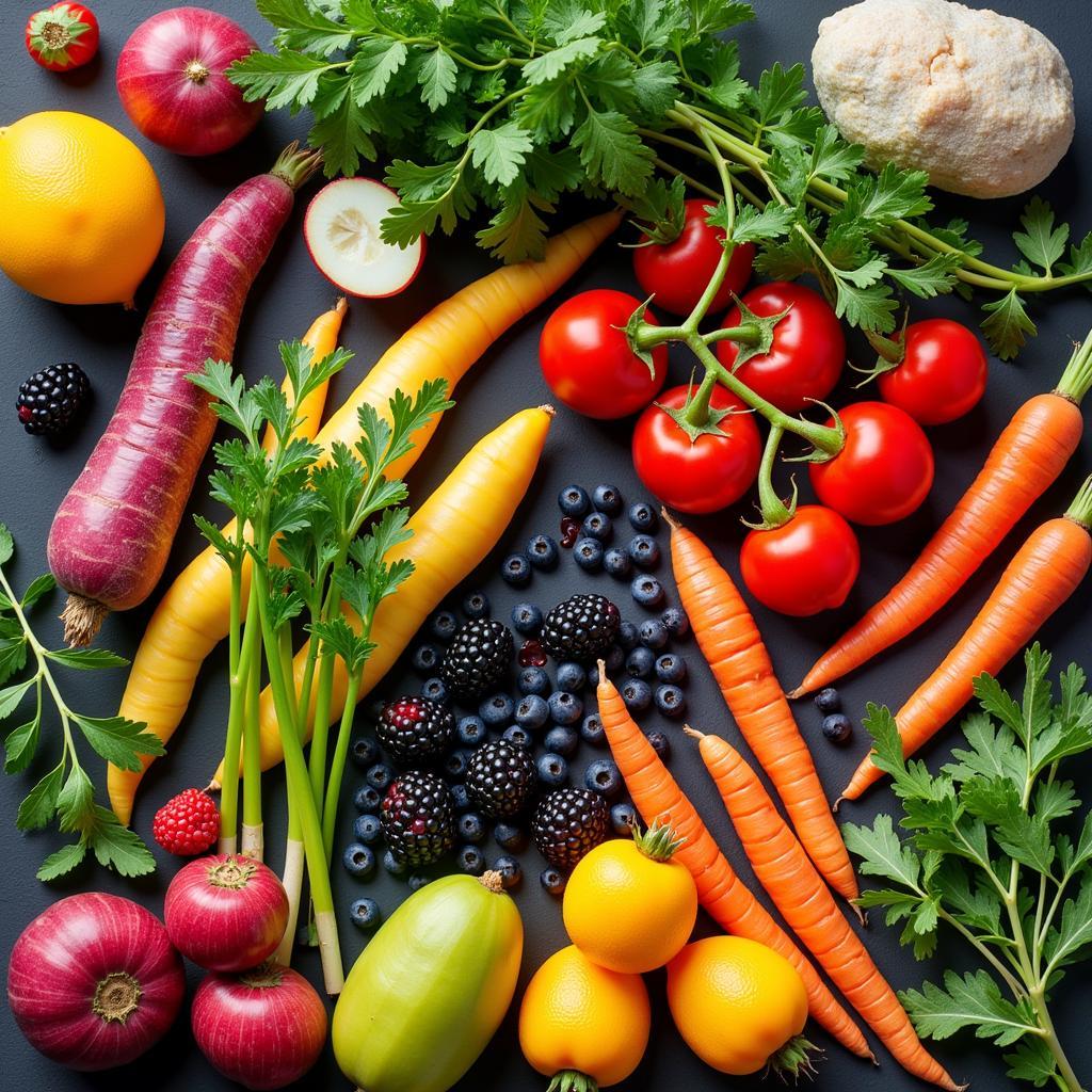 A display of fresh, seasonal ingredients commonly used in Scandinavian cooking.