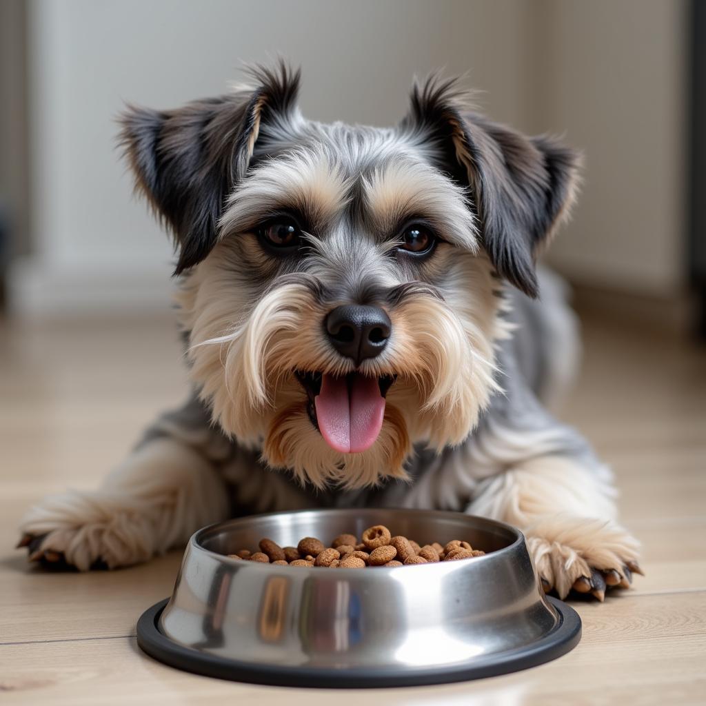 Schnauzer enjoying a healthy meal