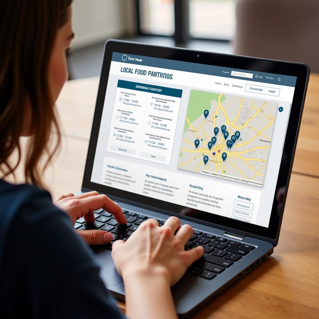 A person using a laptop to search for a free food pantry calendar in Terre Haute, Indiana