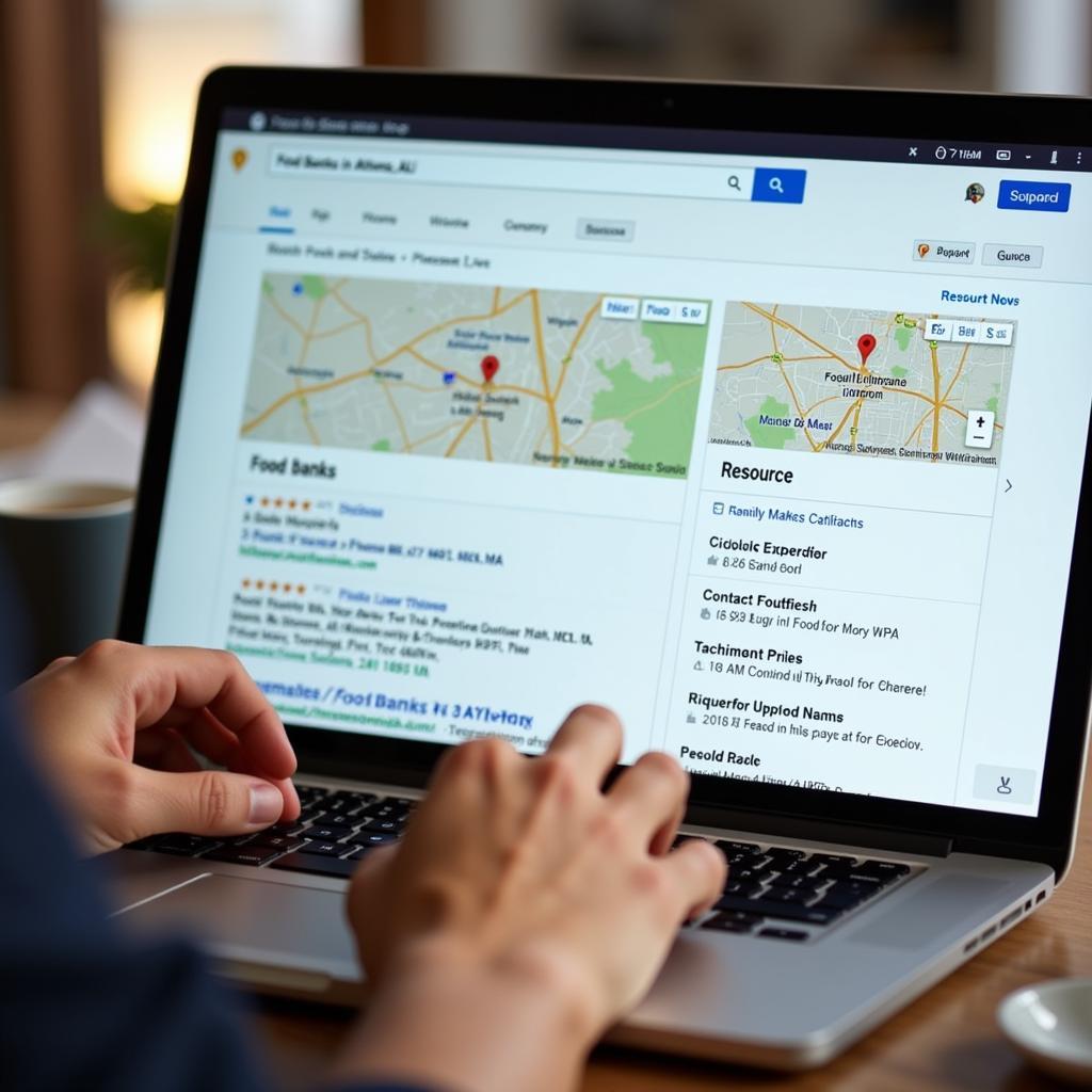 A person uses a laptop to search for food banks in Athens, AL