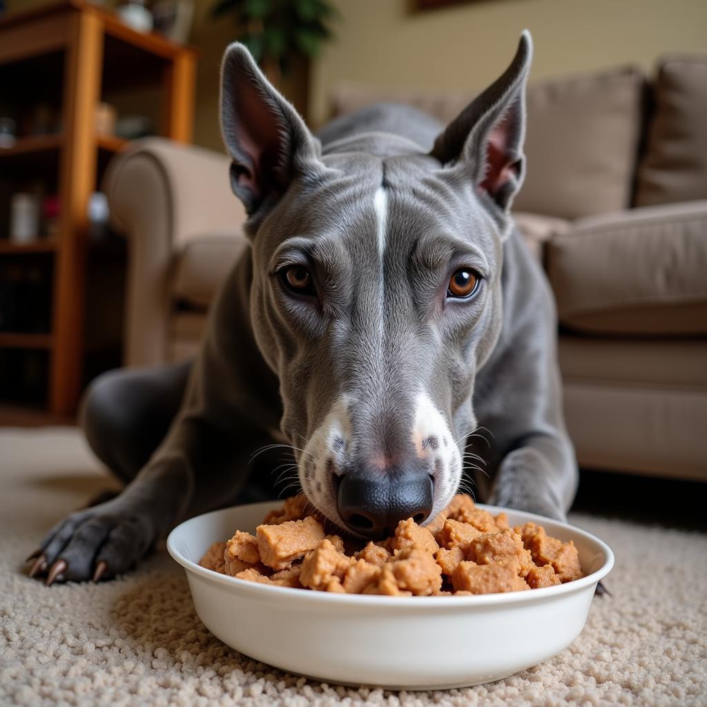 Senior Bull Terrier enjoying a meal of wet food