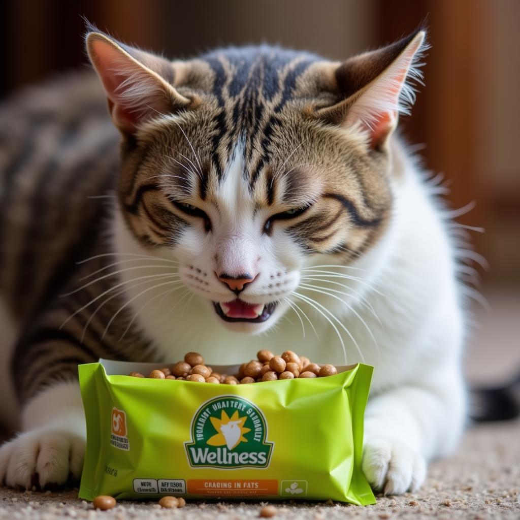 Senior Cat Eating from Wellness Pouch