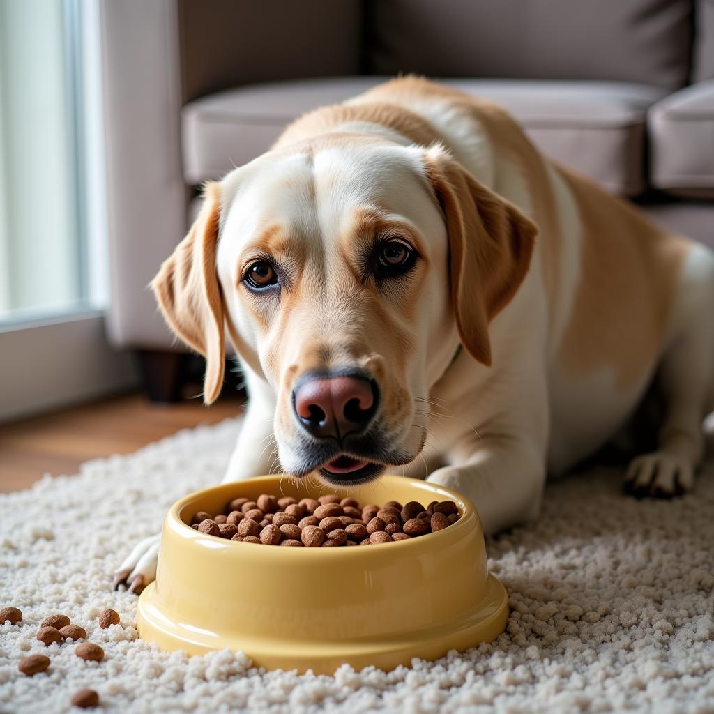 A senior dog eating from an elevated bowl.