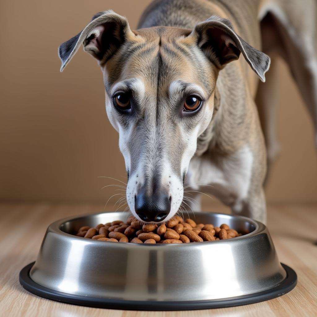 Senior Greyhound Enjoying a Meal