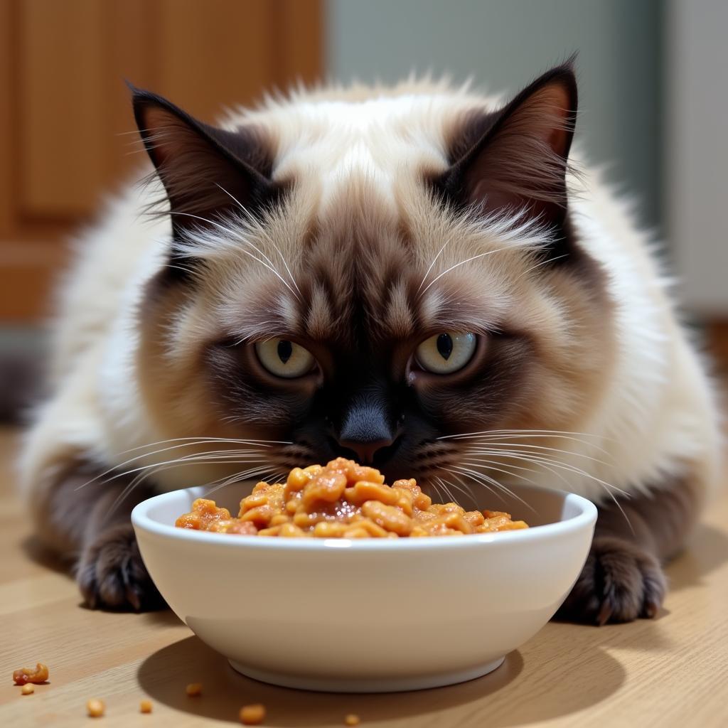 Senior Himalayan cat enjoying wet food