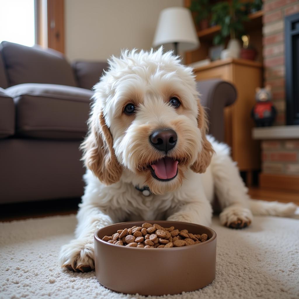 Senior Labradoodle enjoying its meal