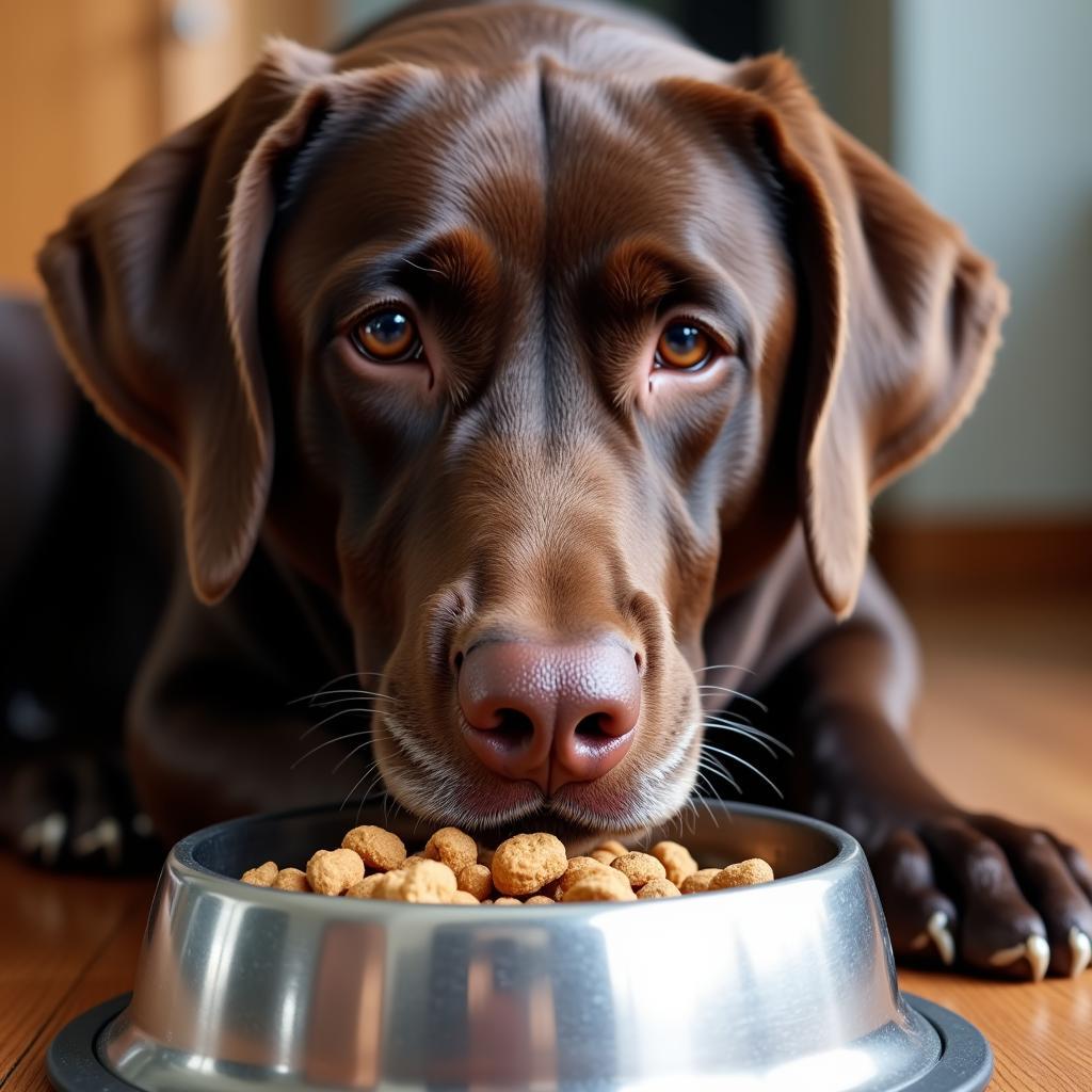 Senior Labrador Enjoying a Bowl of Kibble