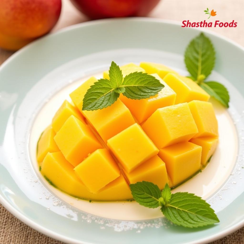 A delectable Shastha Foods Mango dessert, beautifully plated with fresh mint.