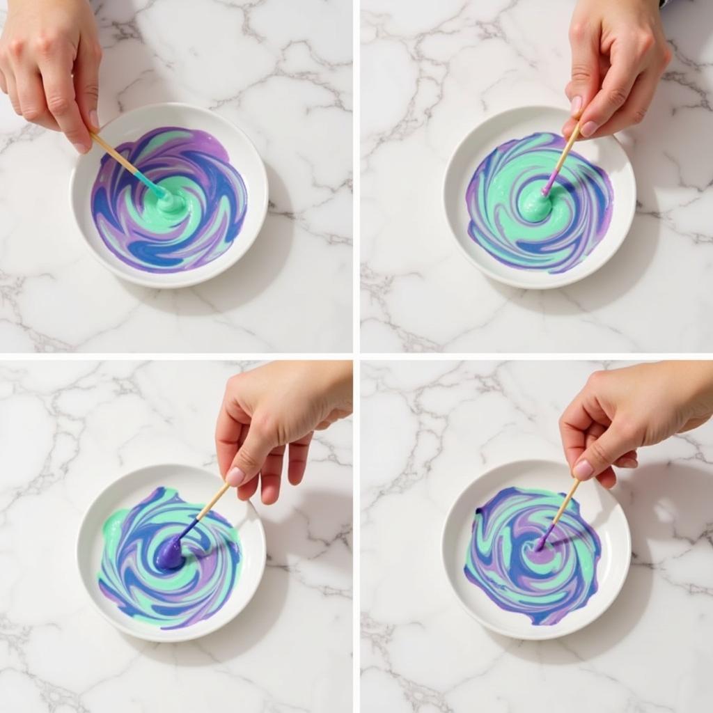 Creating marbled patterns with food coloring in shaving cream