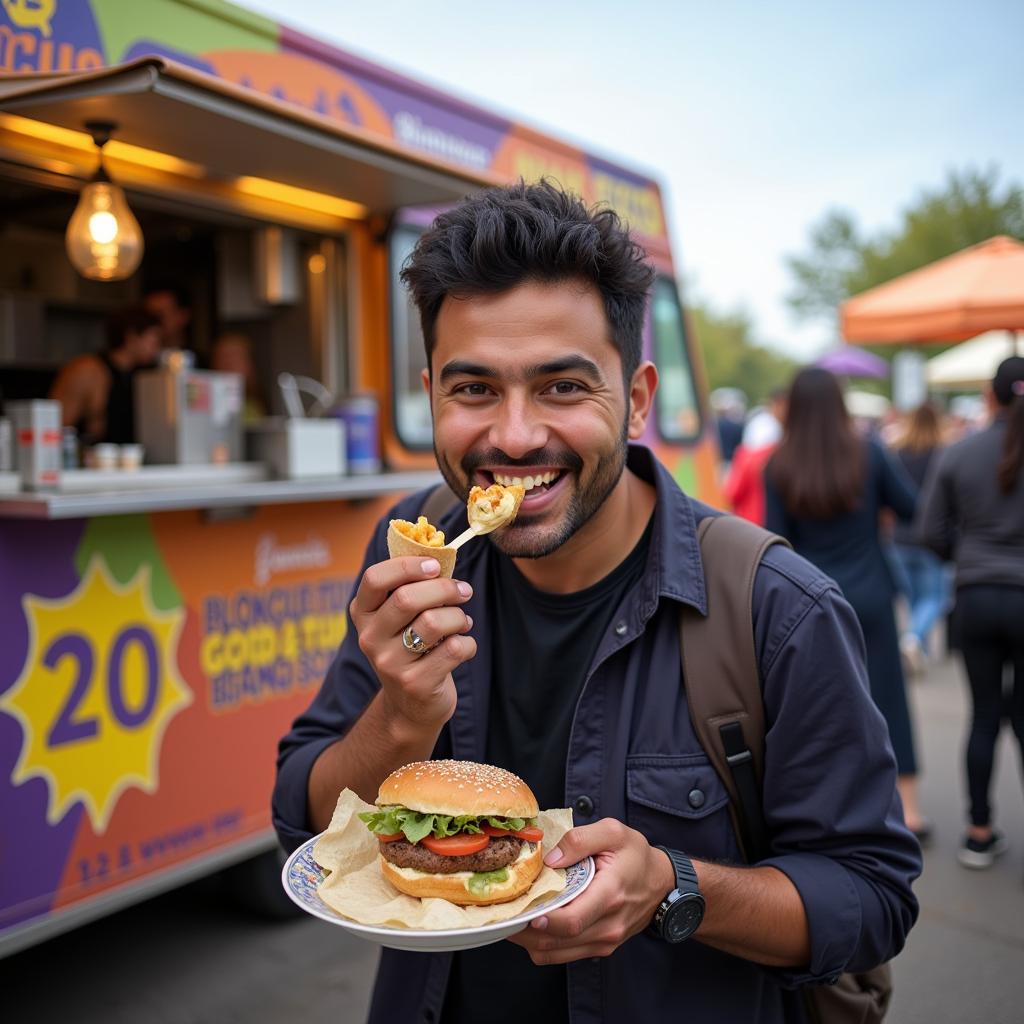 Happy Customer Enjoying a Meal at Sheep Flockers Food Truck