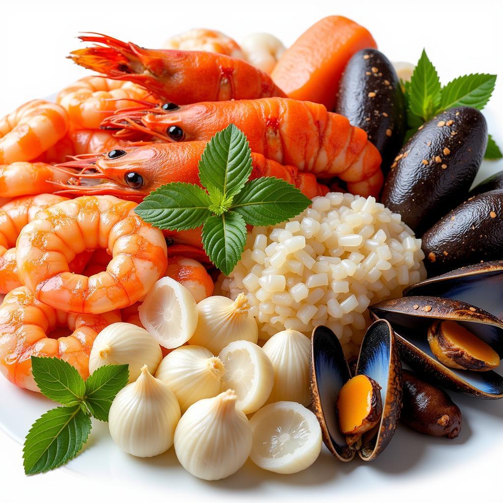 A colorful platter of various shellfish, shallots, and shiitake mushrooms.