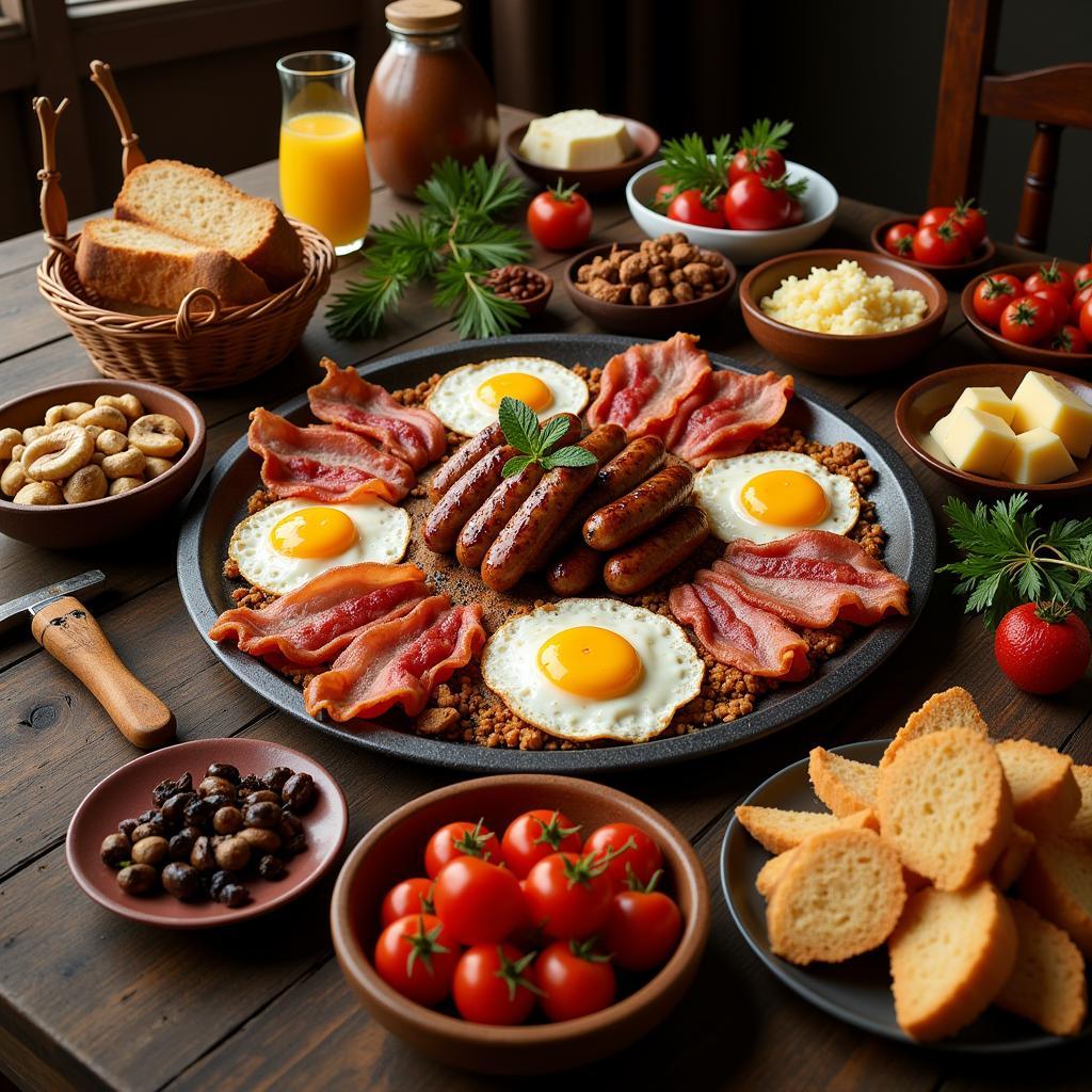 A hobbit-style breakfast spread with eggs, bacon, sausages, tomatoes, mushrooms, bread, cheeses, and berries.