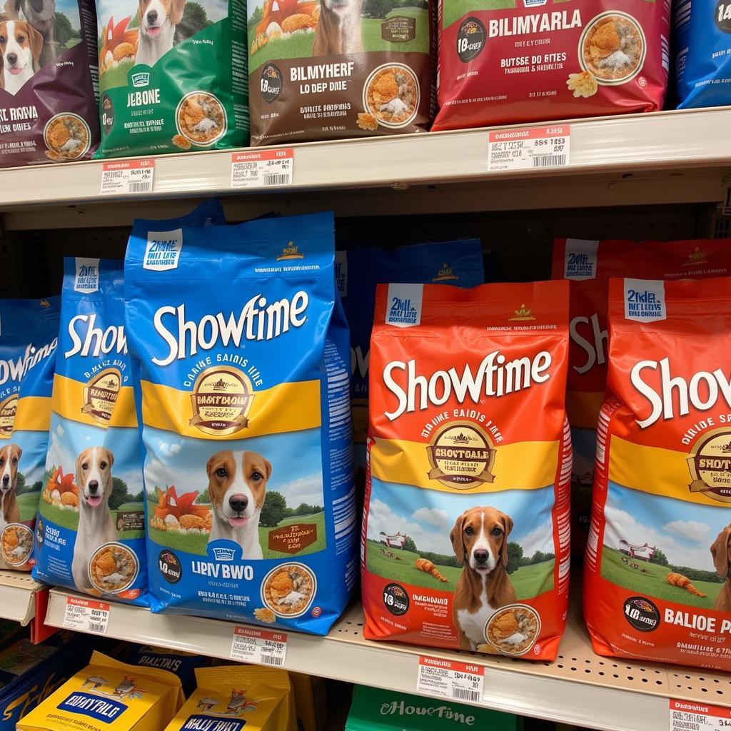 Showtime Dog Food Bags on a Store Shelf