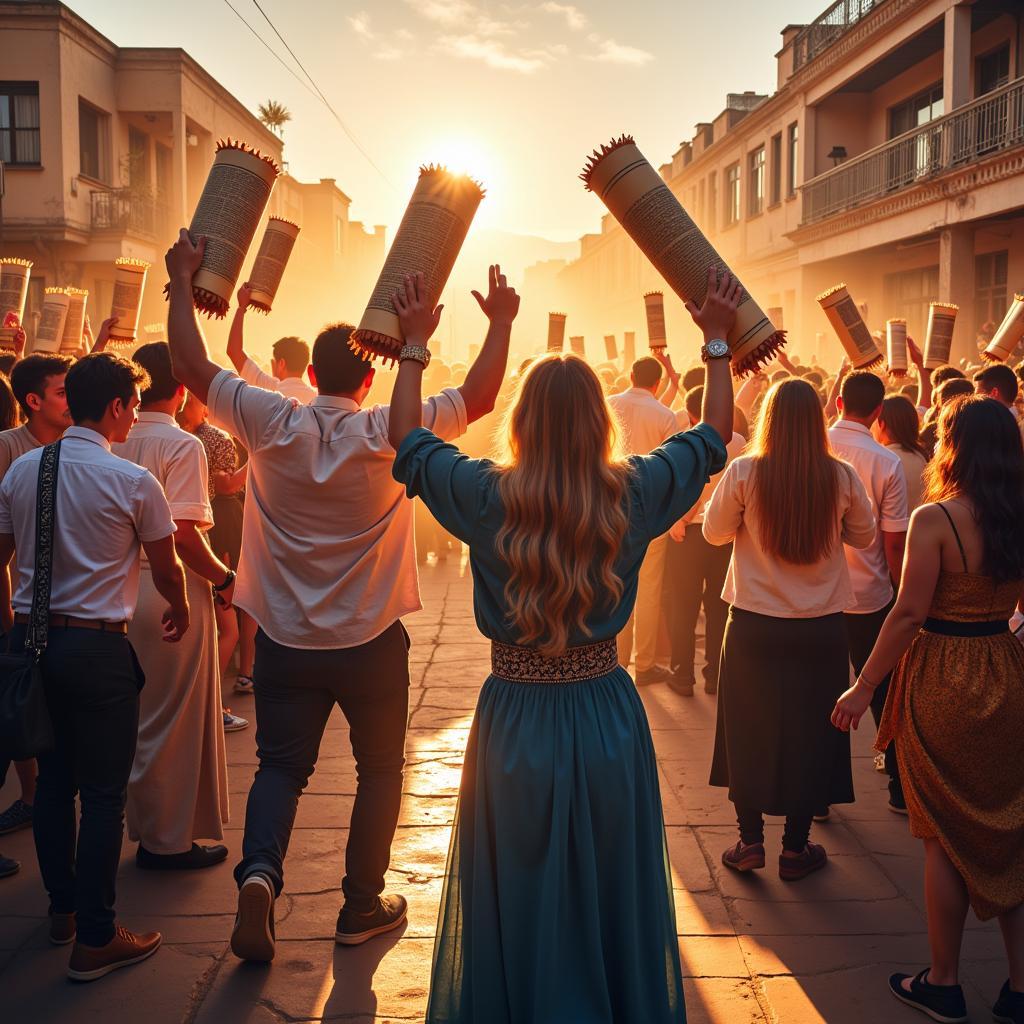 Simchat Torah Celebration with Dancing and Torah Scrolls