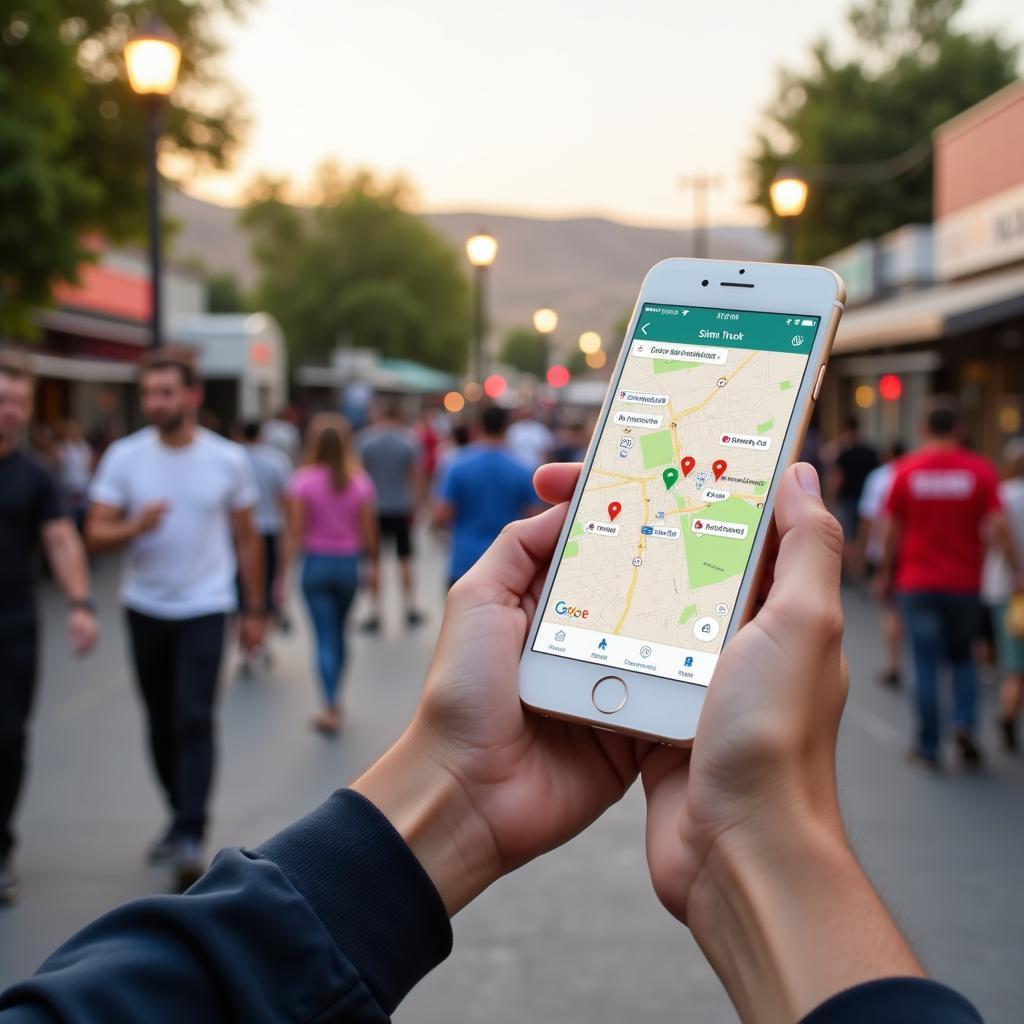 Finding a Food Truck in Simi Valley: A person using a smartphone to locate food trucks in Simi Valley using a food truck finder app, highlighting the convenience of technology in finding food on the go.