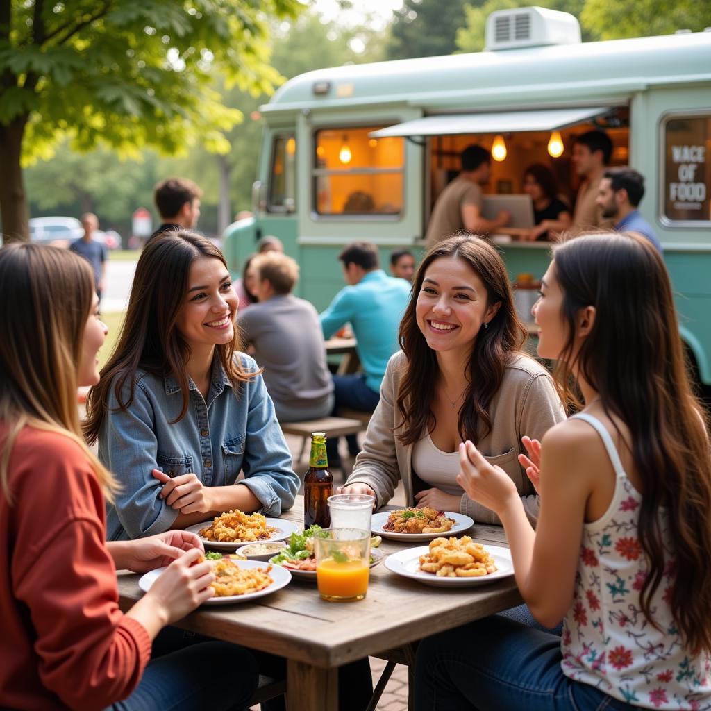 Enjoying a Simi Valley Food Truck Meal: A group of friends enjoying a meal purchased from a food truck in Simi Valley, showcasing the social and communal aspect of food truck dining.