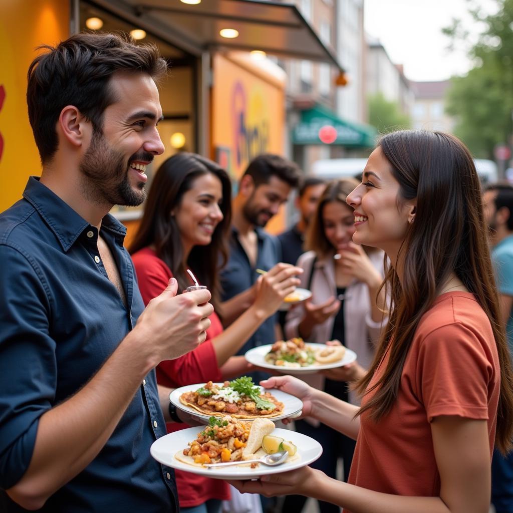 Customers enjoying food from a simply Spanish food truck