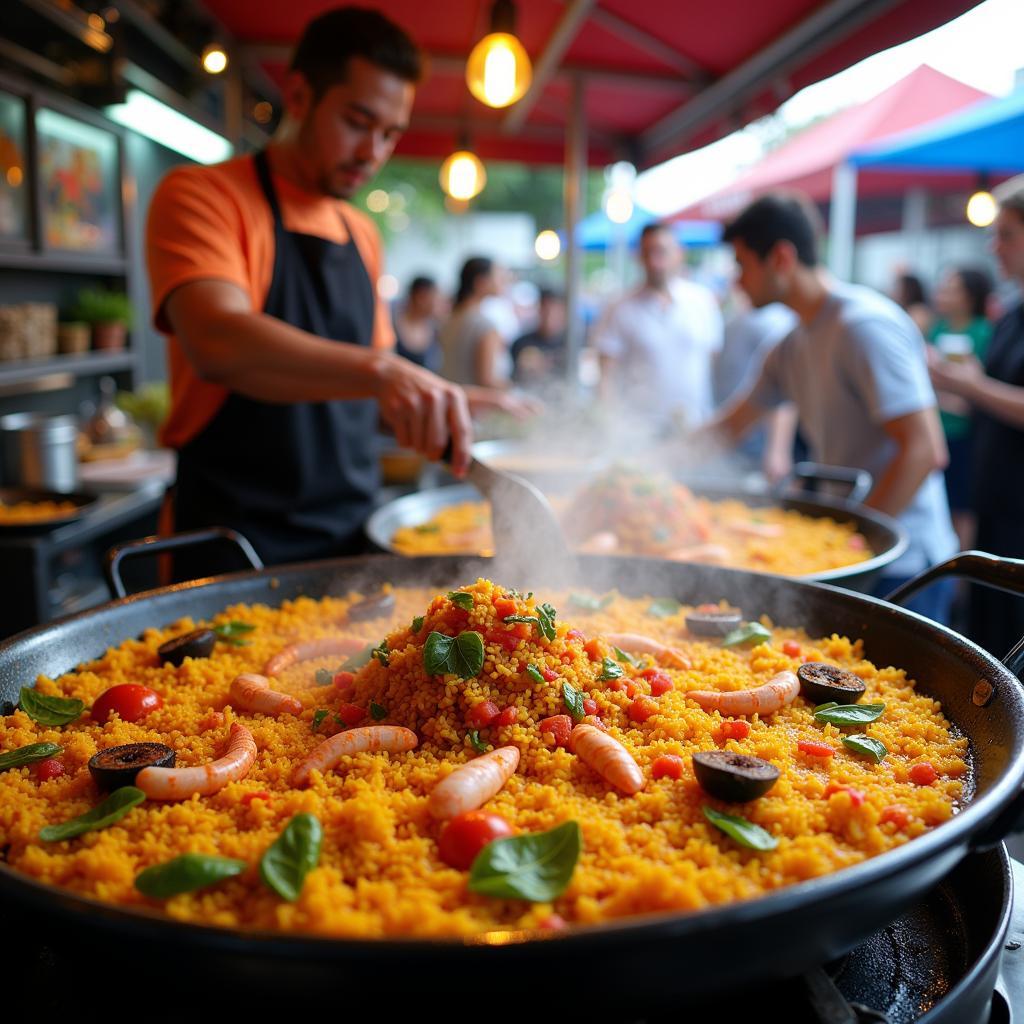 Paella being cooked in a simply Spanish food truck