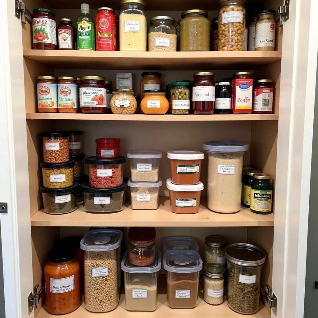 Well-organized pantry stocked with a six-month supply of food.