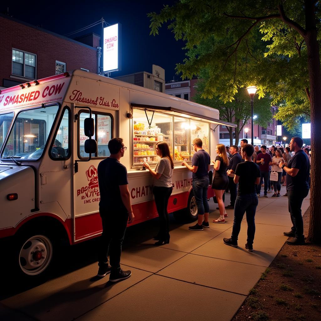 Smashed Cow food truck parked at a bustling local event, serving customers.