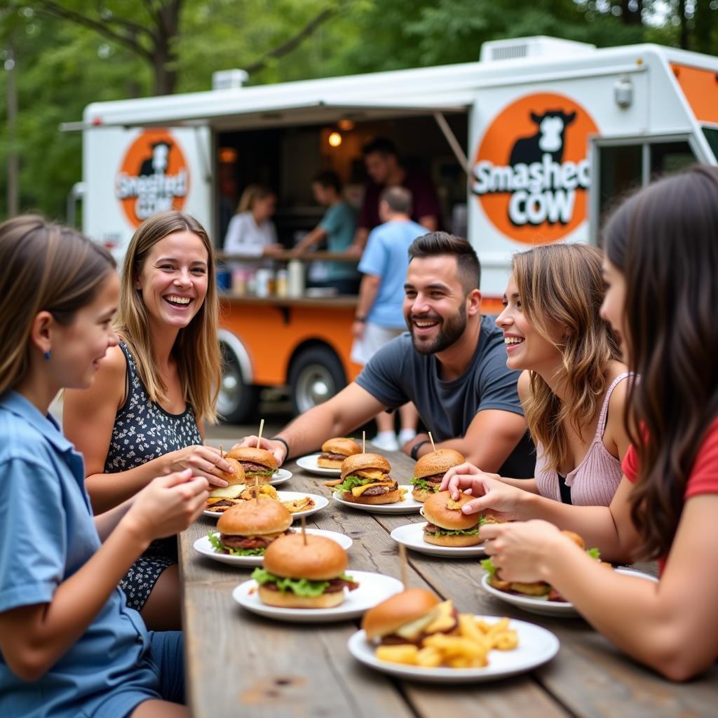 Happy customers enjoying their Smashed Cow burgers at an outdoor picnic table.