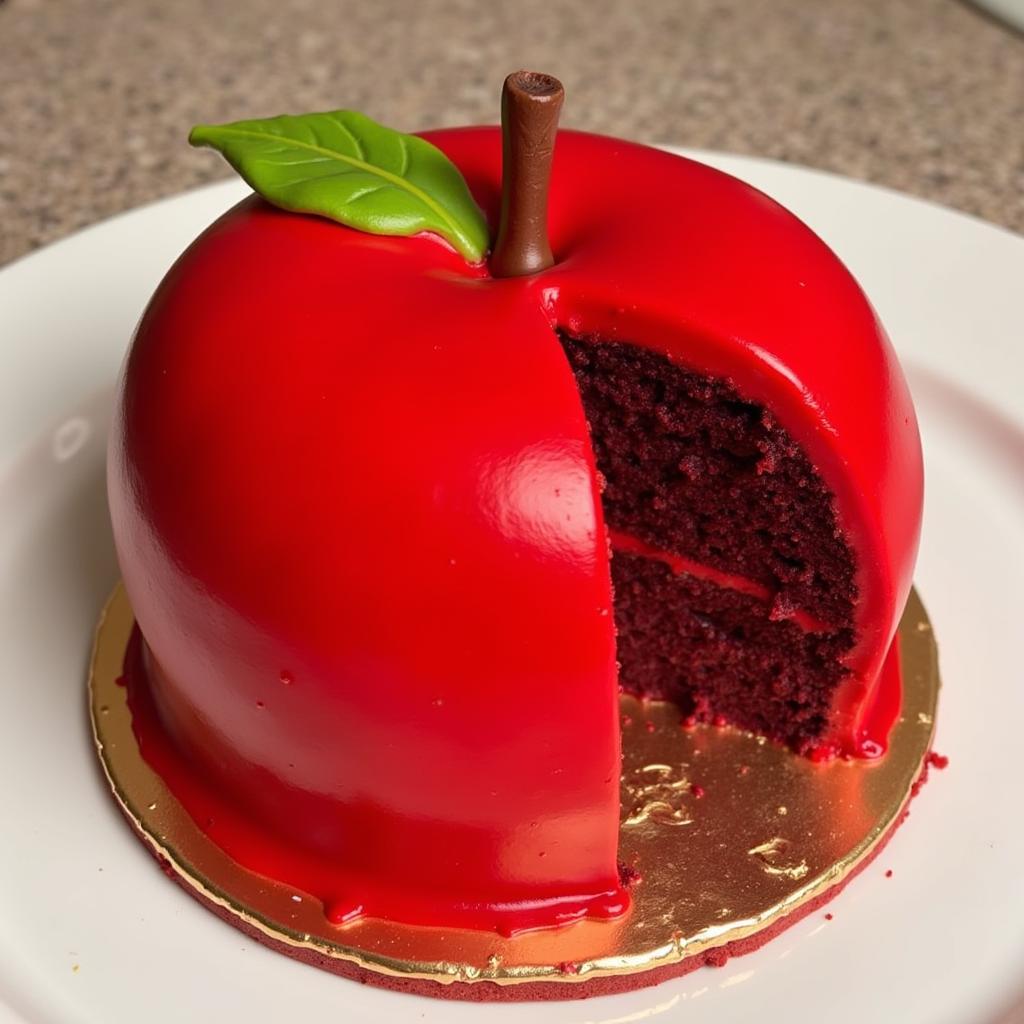 A red velvet cake decorated as a poisoned apple