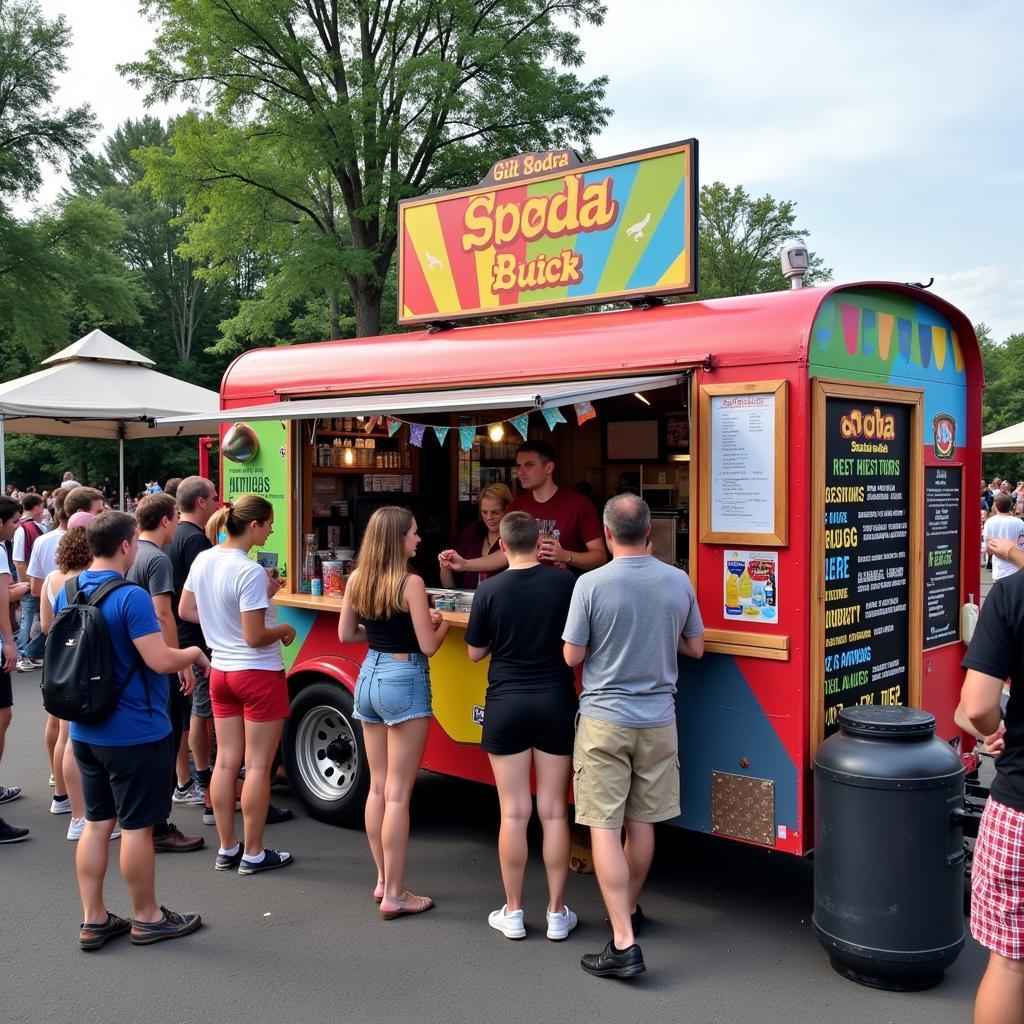 Soda food truck serving customers at a vibrant outdoor festival.