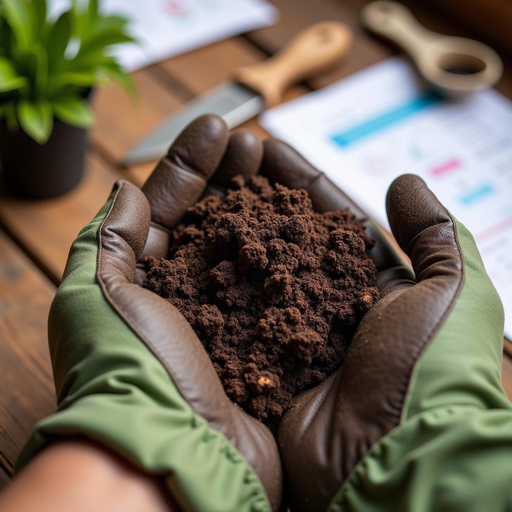 Soil Testing for Food Plots: A close-up of a hand holding a soil sample with testing tools in the background.