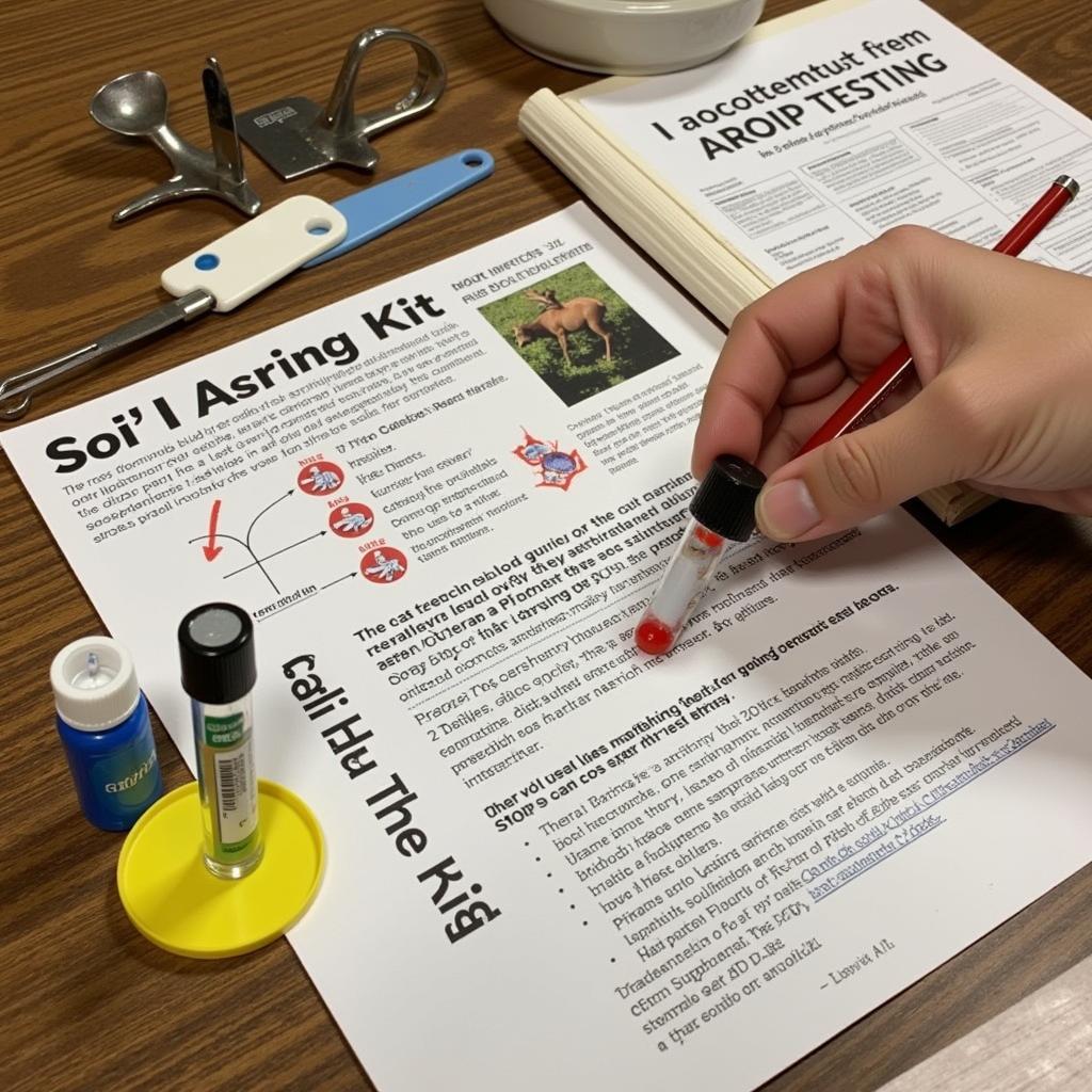 A soil testing kit with various tools and vials for analyzing soil pH and nutrient levels before planting food plot seeds.