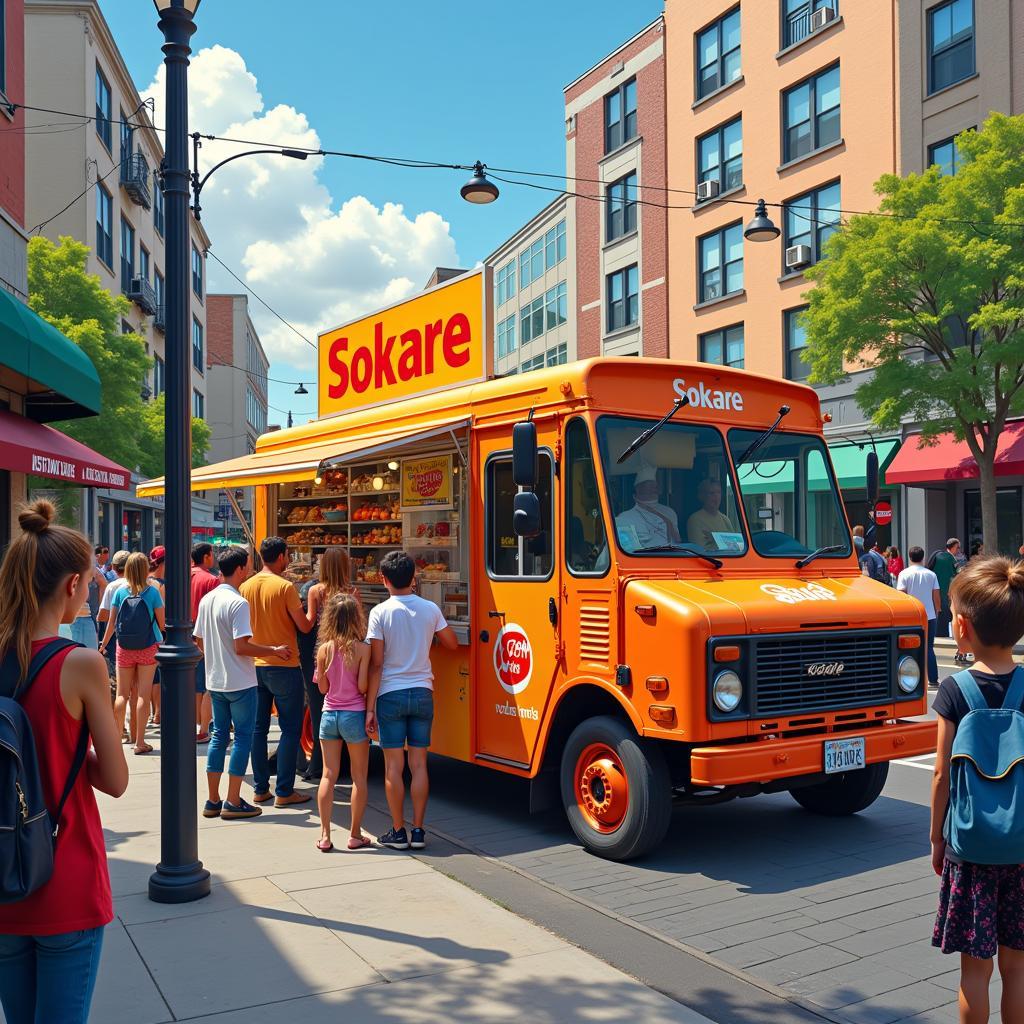 Sokare food truck parked on a busy street corner serving customers