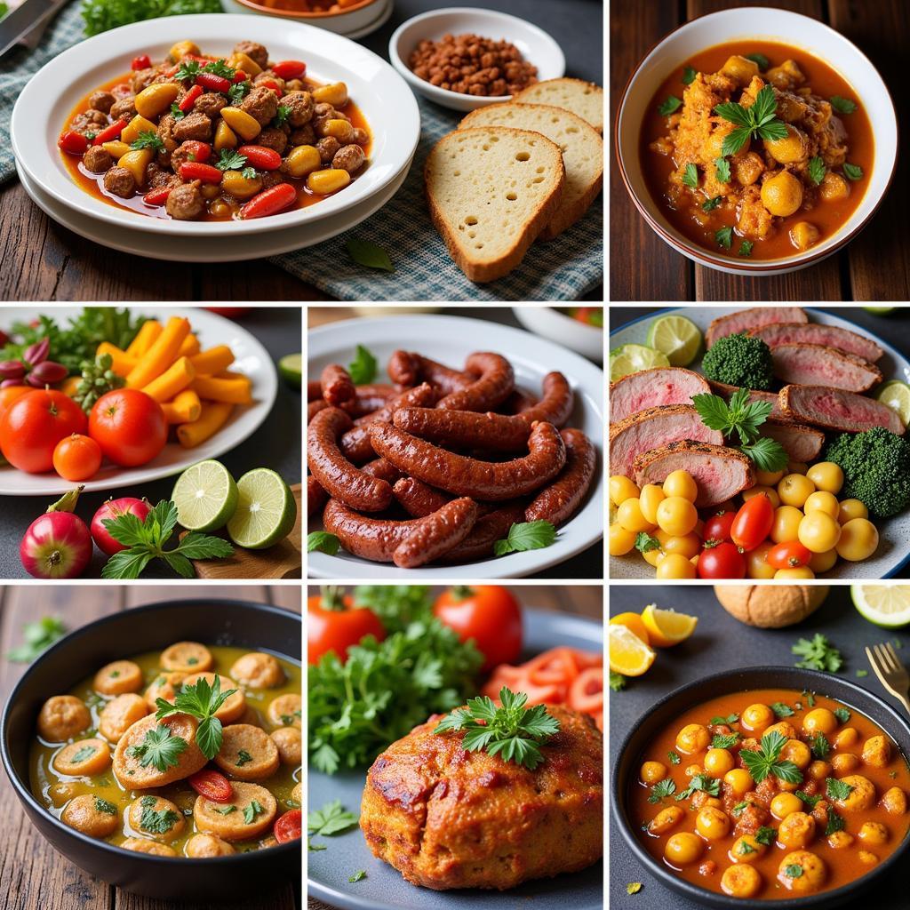 A vibrant collage showcasing the diversity of South African cuisine, from Cape Malay curries to boerewors and biltong.