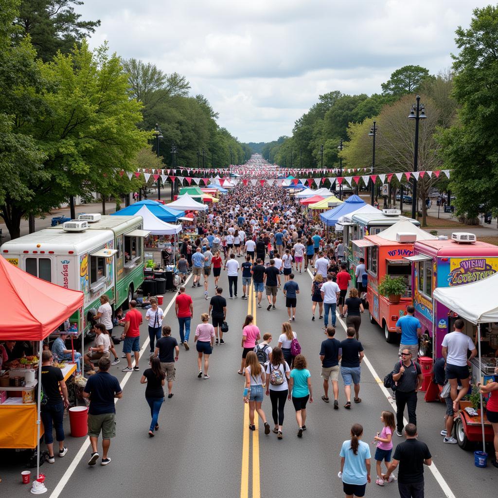 Vibrant food festival scene in South Carolina with various food stalls, live music, and attendees enjoying the atmosphere.