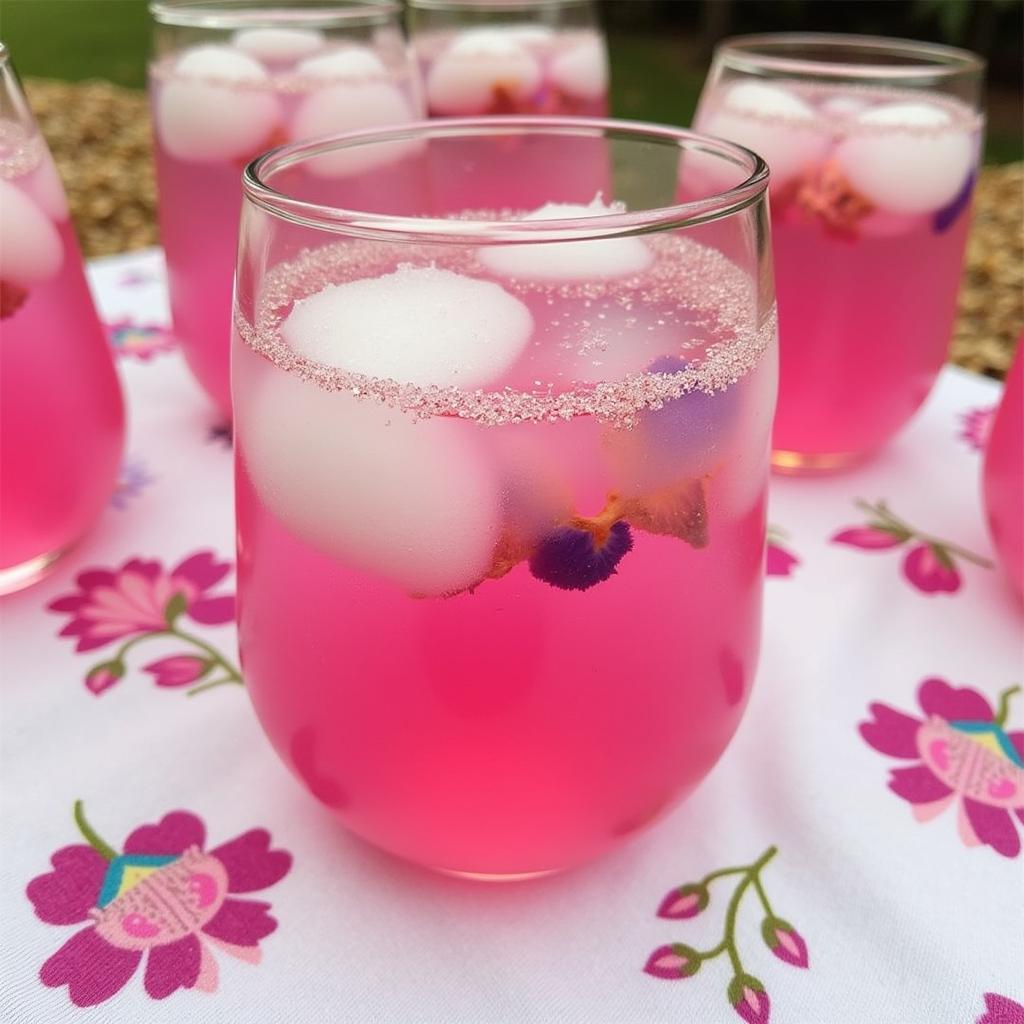 Sparkling fairy punch with edible flower ice cubes in glasses