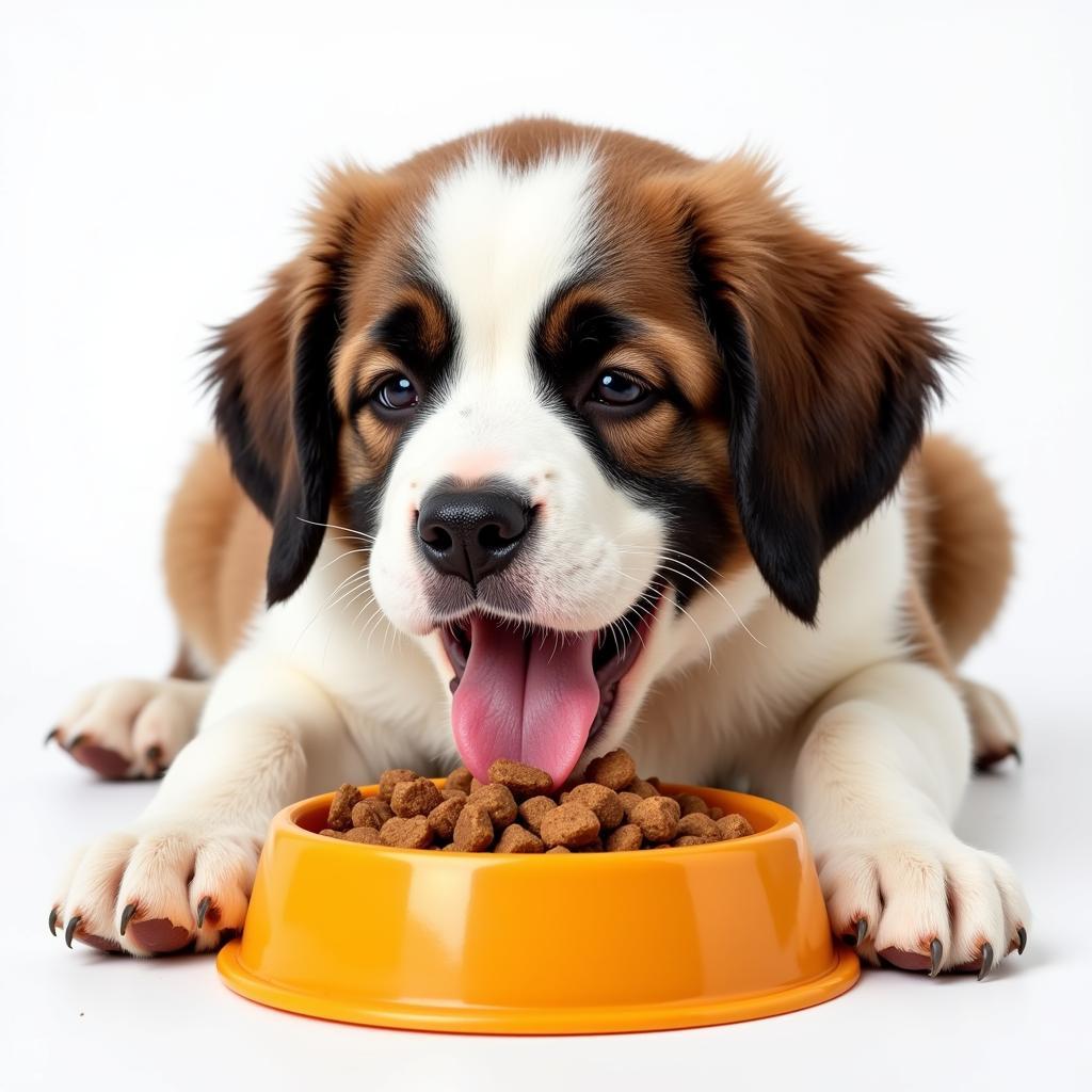 A St. Bernard puppy eating specially formulated puppy food