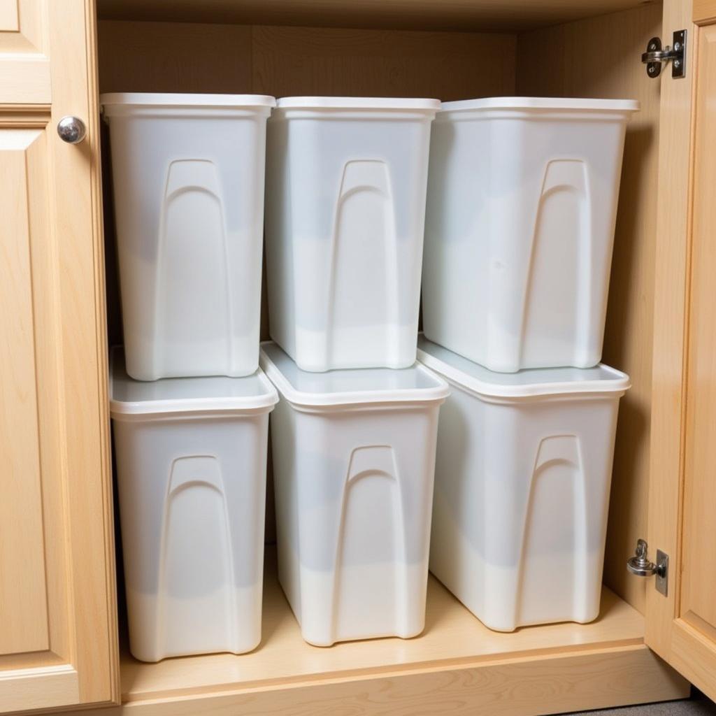 Stackable 20-Gallon Food Grade Containers in a Pantry