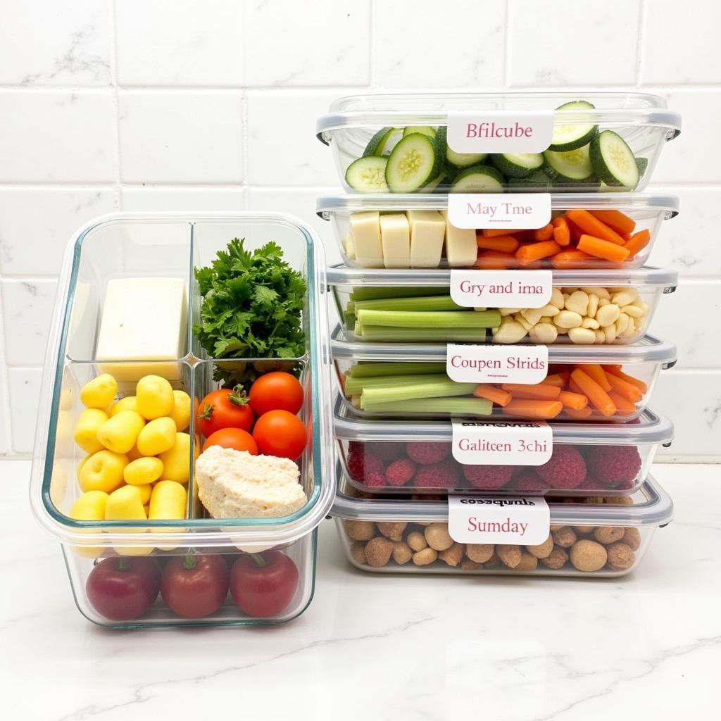 Stackable food trays used for meal prepping, filled with various prepped meals and ingredients.