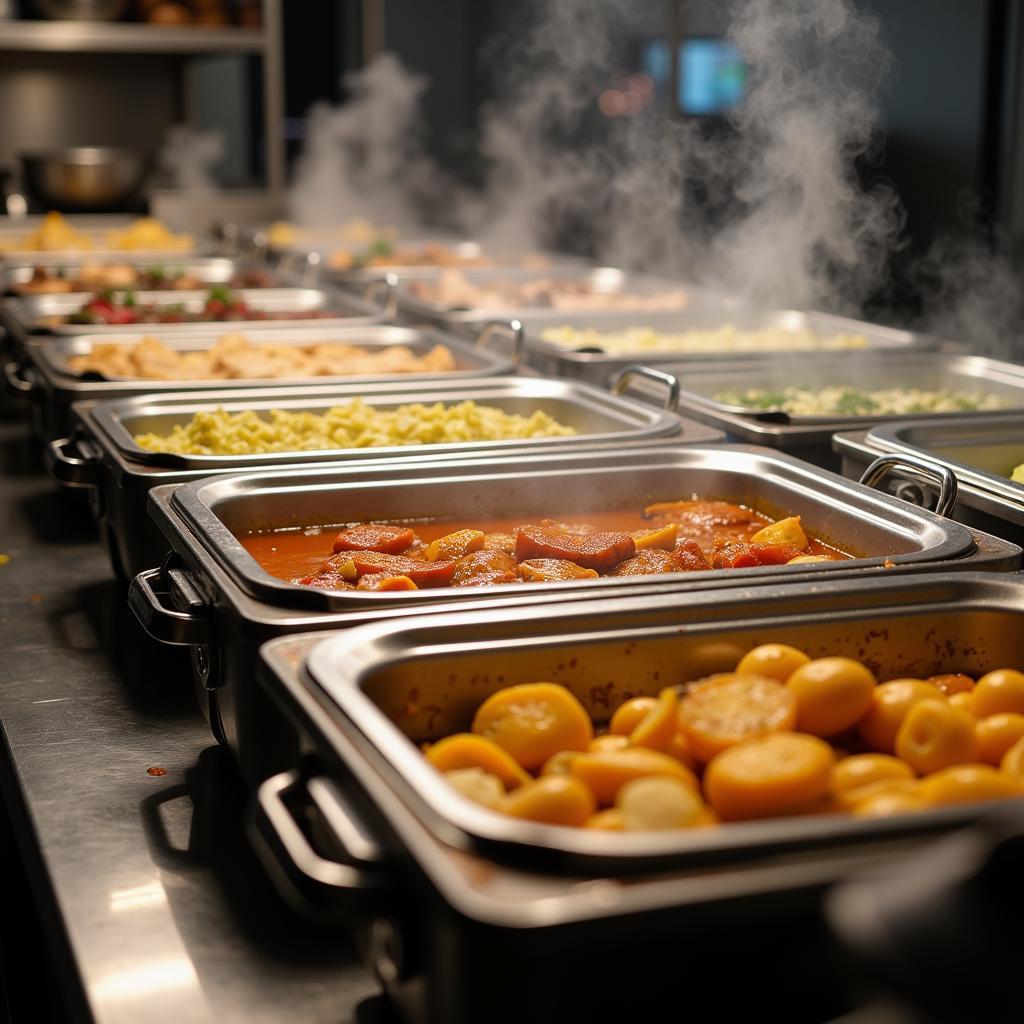 Stainless steel food pans on a hot food table