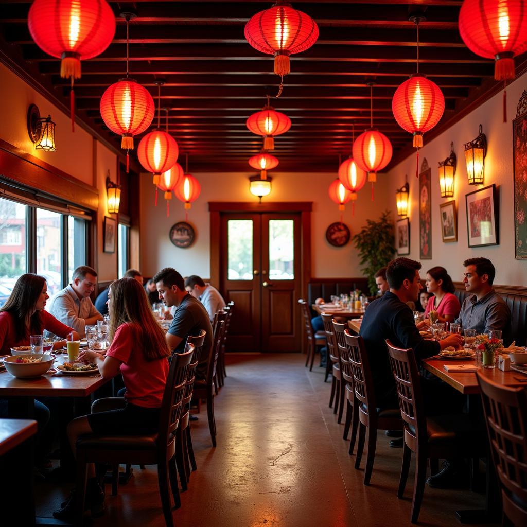 Cozy interior of a Chinese restaurant in Steamboat Springs with red lanterns and traditional decor.